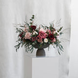 PRESERVED BURGUNDY & CHERRY MIXED FLOWER ARRANGEMENT IN GREY FOOTED VASE FOR YACHTS