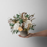 PRESERVED WHITE AND PEACH WILD MIXED FLOWER ARRANGEMENT IN STONE VASE FOR YACHTS