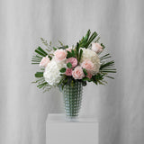 Preserved blush and white tropical flower arrangement for yachts