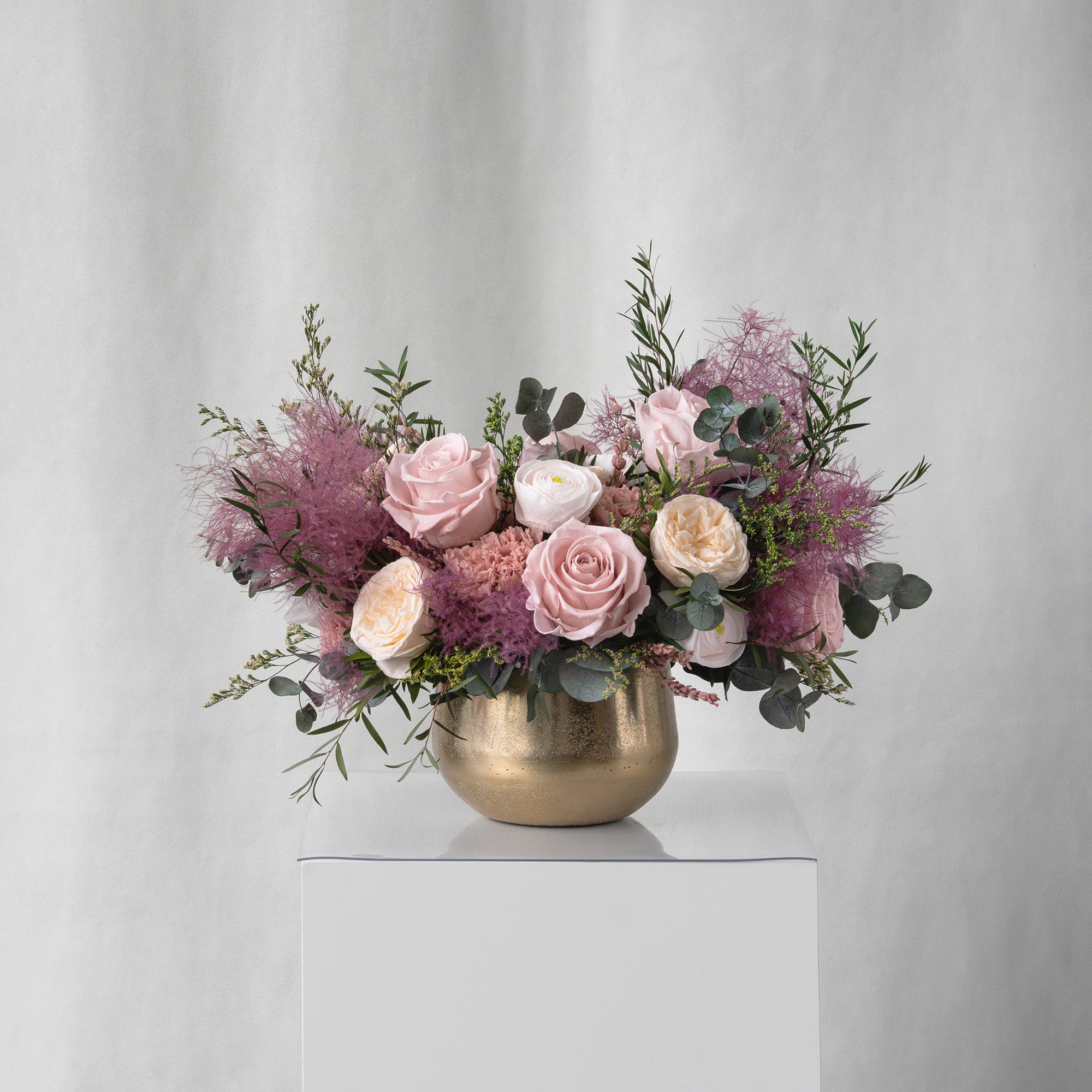 Preserved purple, dusty and cream mixed flower arrangement for yachts