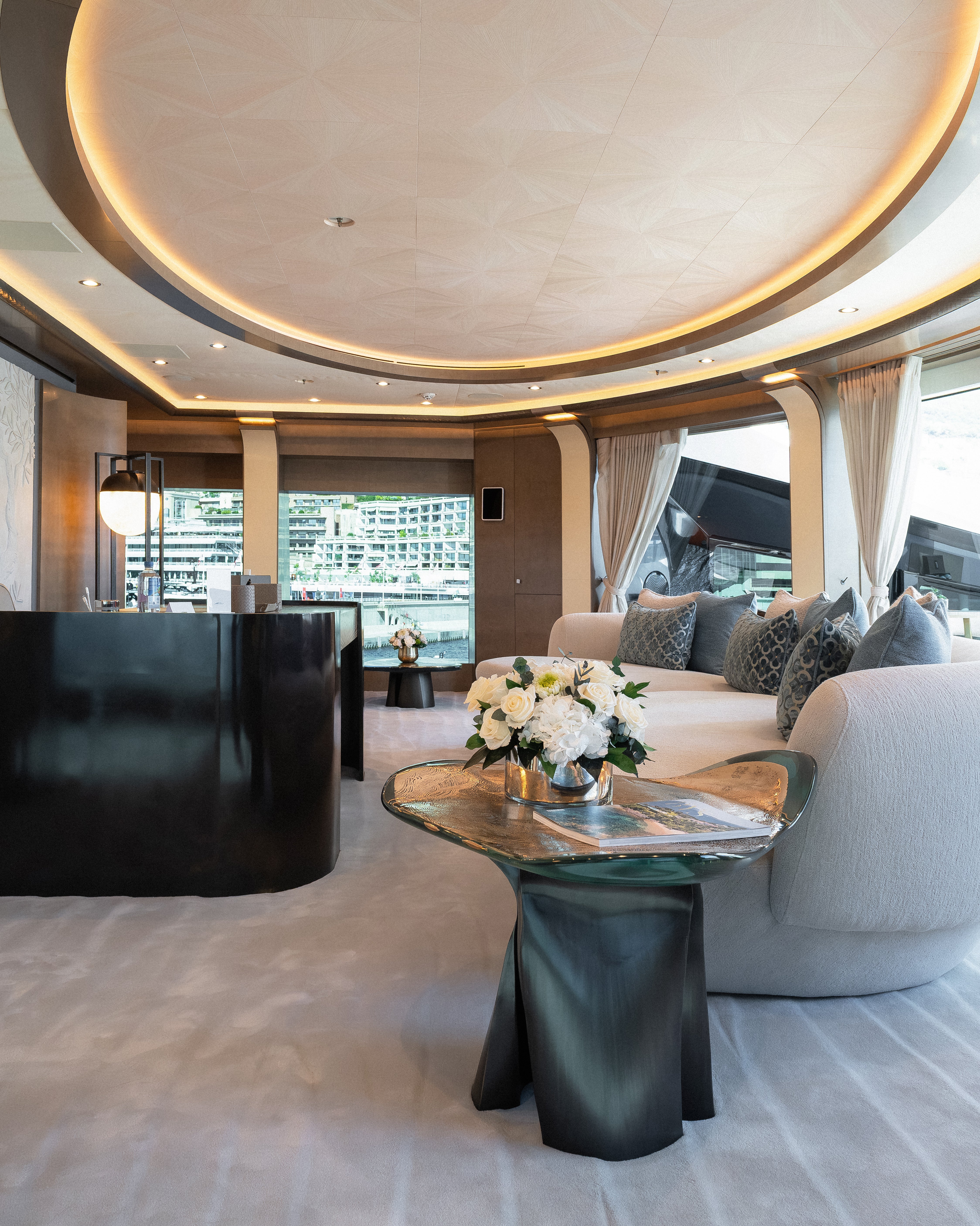 Preserved mixed flower arrangements displayed in the master office of a luxury yacht