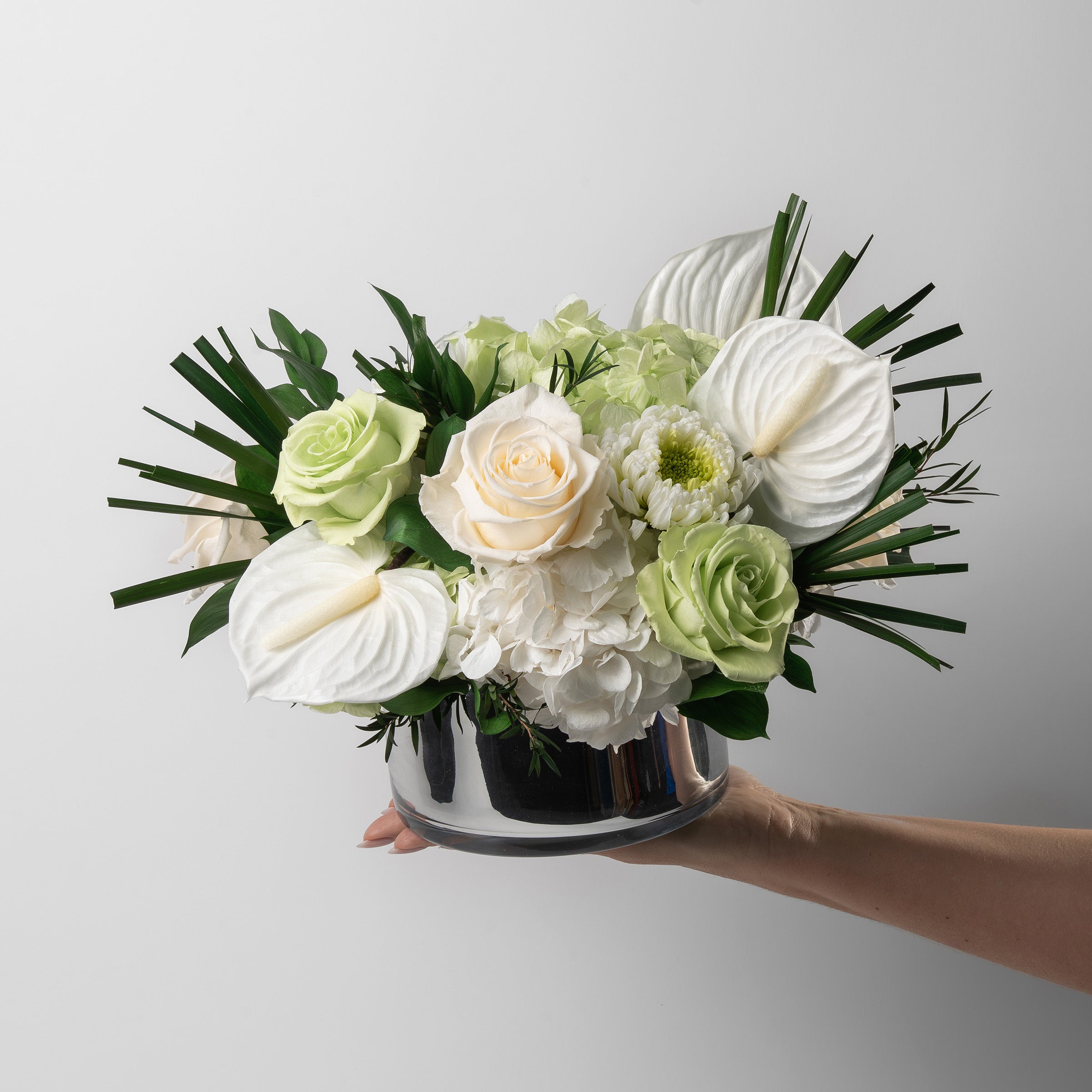 Preserved green and white tropical flower arrangement for yachts 
