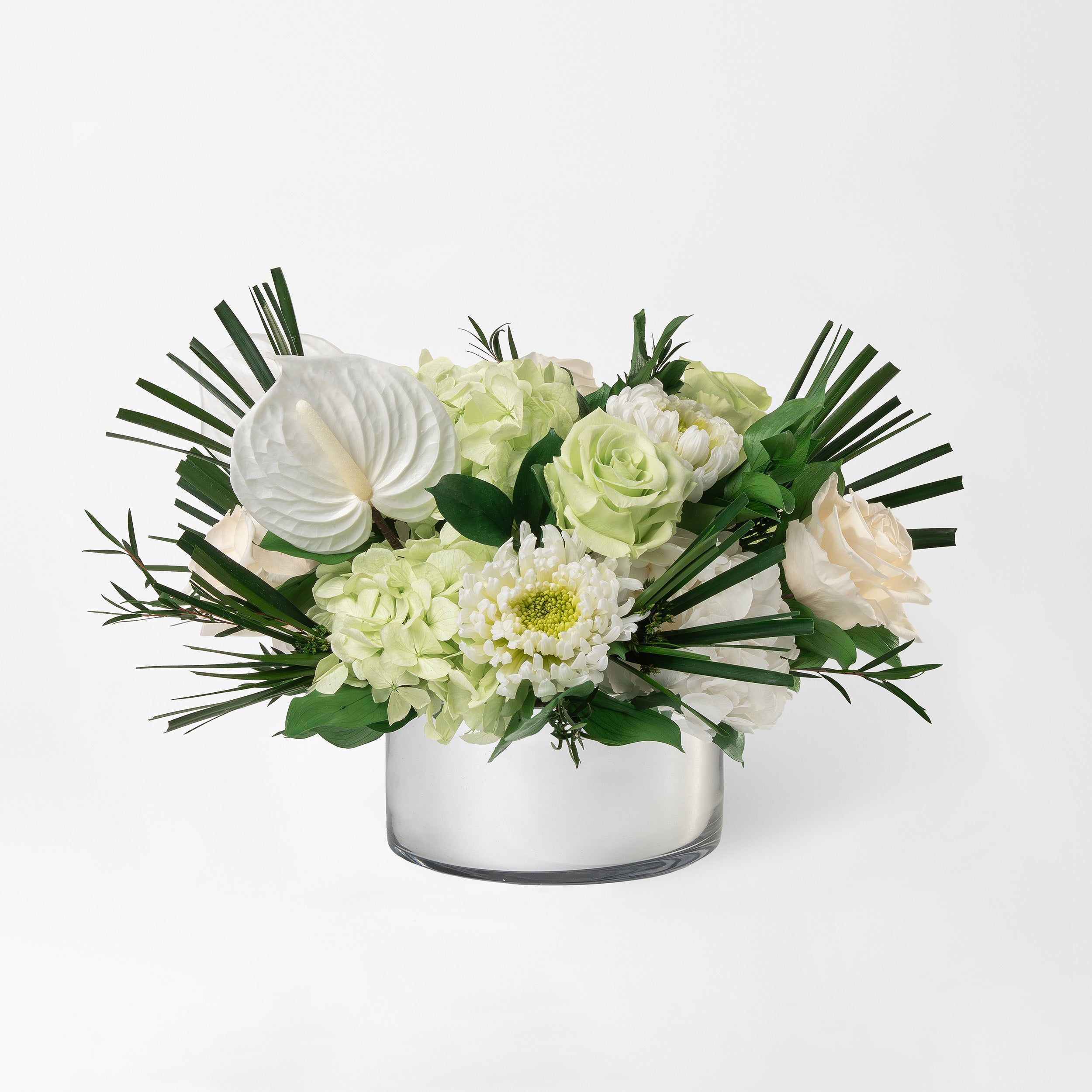 Preserved green and white tropical flower arrangement for yachts 