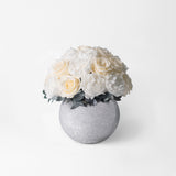 PRESERVED WHITE ROSE AND PEONY DOME ARRANGEMENT IN SILVER VASE