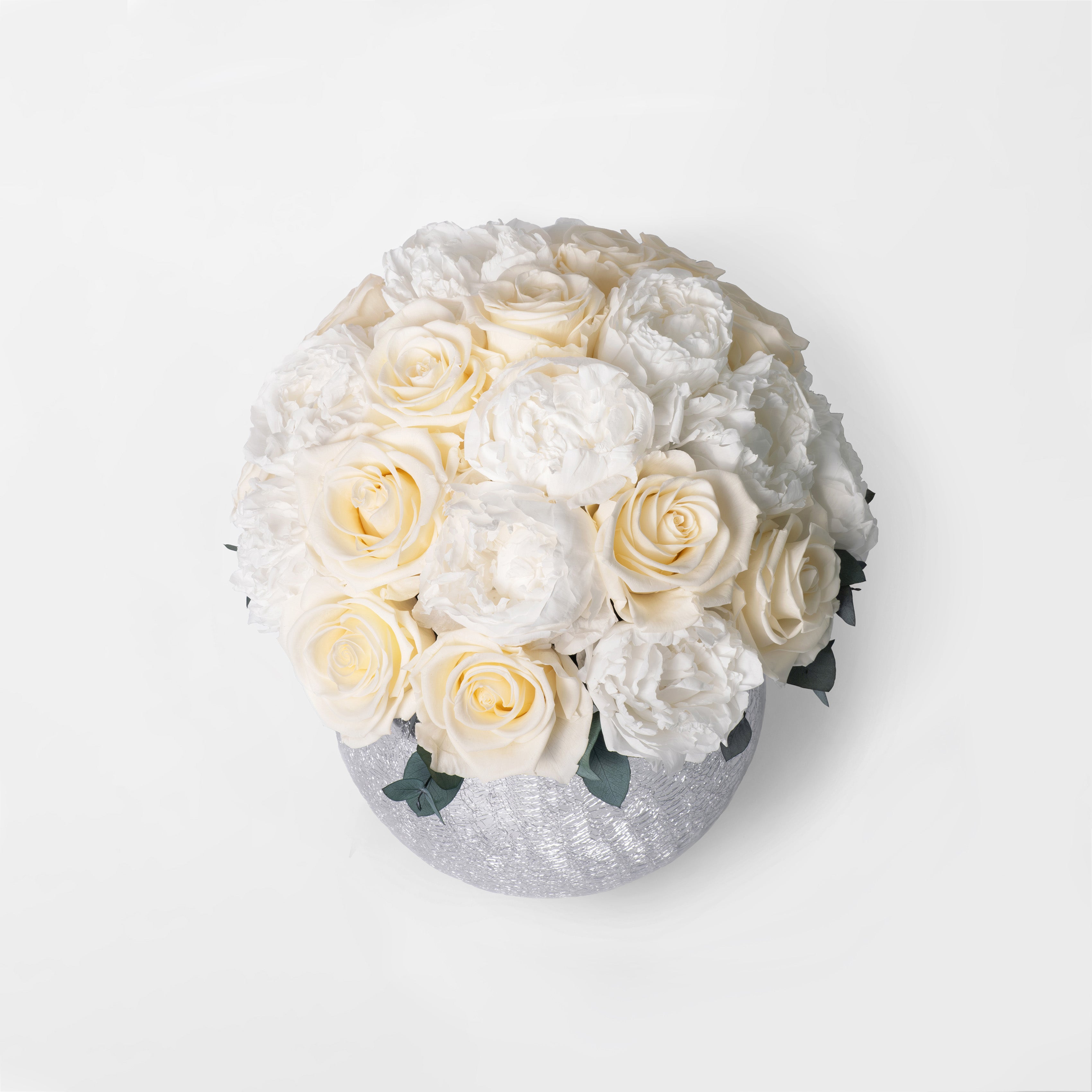 PRESERVED WHITE ROSE AND PEONY DOME ARRANGEMENT IN SILVER VASE