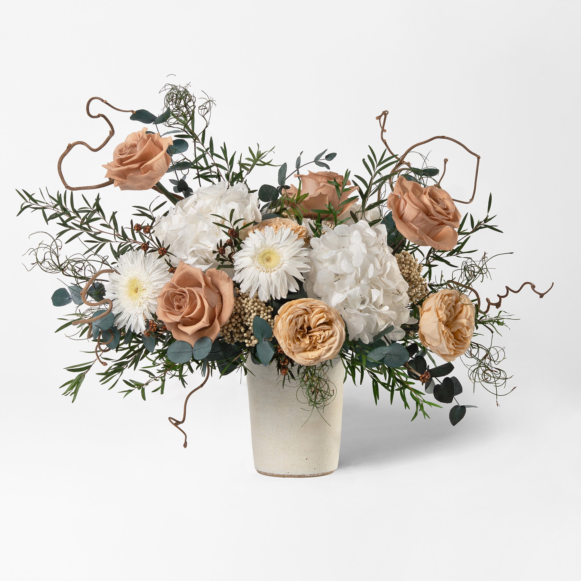 PRESERVED WHITE AND TOFFEE MIXED FLOWER ARRANGEMENT IN CERAMIC VASE