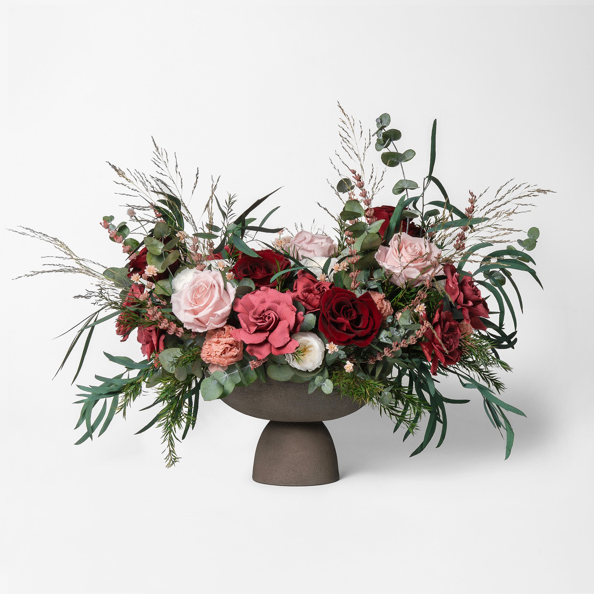 PRESERVED BURGUNDY & CHERRY MIXED FLOWER ARRANGEMENT IN GREY FOOTED VASE FOR YACHTS