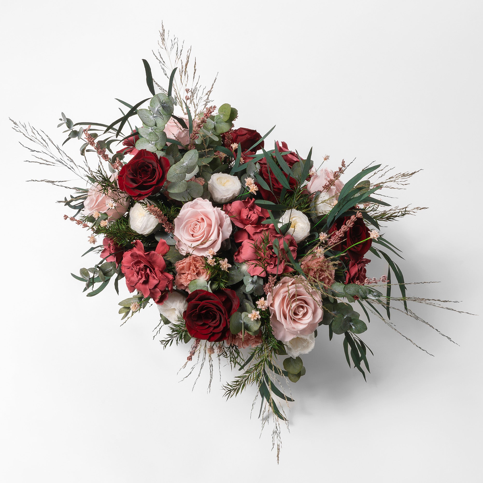 PRESERVED BURGUNDY & CHERRY MIXED FLOWER ARRANGEMENT IN GREY FOOTED VASE FOR YACHTS