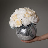 PRESERVED WHITE ROSE AND PEONY DOME ARRANGEMENT IN SILVER VASE