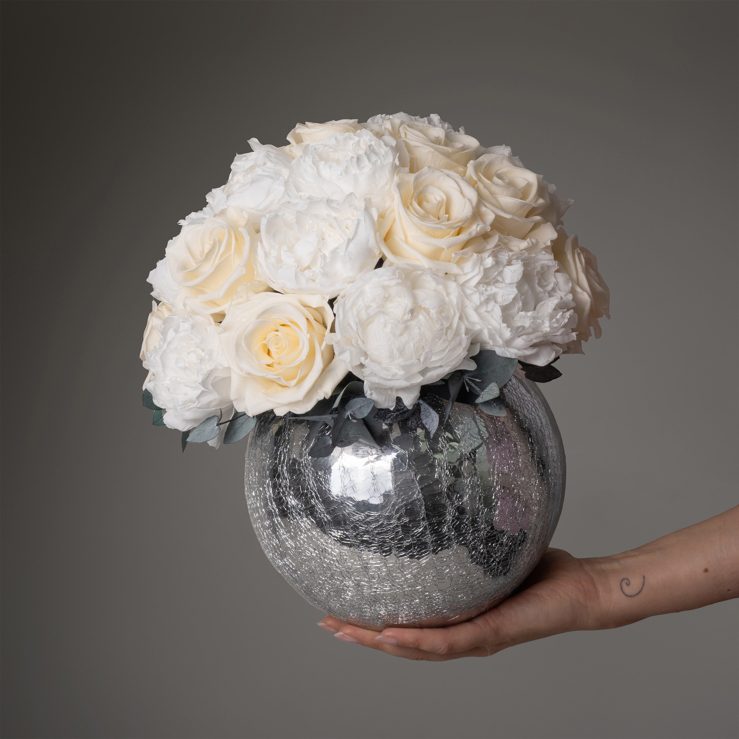 PRESERVED WHITE ROSE AND PEONY DOME ARRANGEMENT IN SILVER VASE