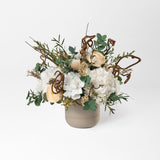 PRESERVED WHITE AND PEACH WILD MIXED FLOWER ARRANGEMENT IN STONE VASE FOR YACHTS