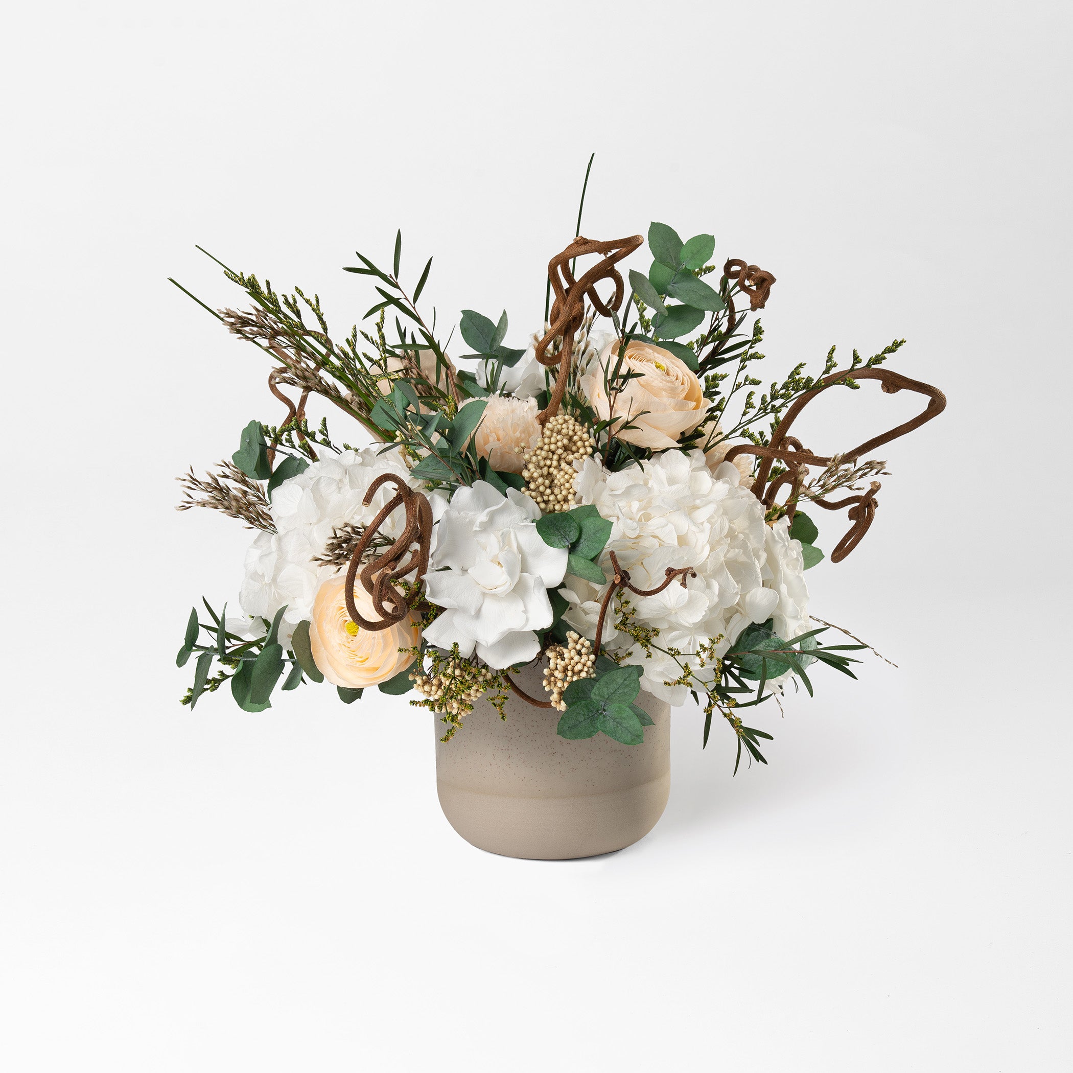PRESERVED WHITE AND PEACH WILD MIXED FLOWER ARRANGEMENT IN STONE VASE FOR YACHTS