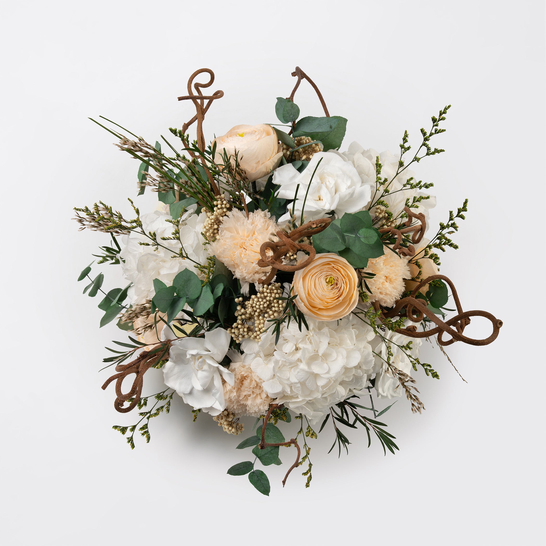 PRESERVED WHITE AND PEACH WILD MIXED FLOWER ARRANGEMENT IN STONE VASE FOR YACHTS