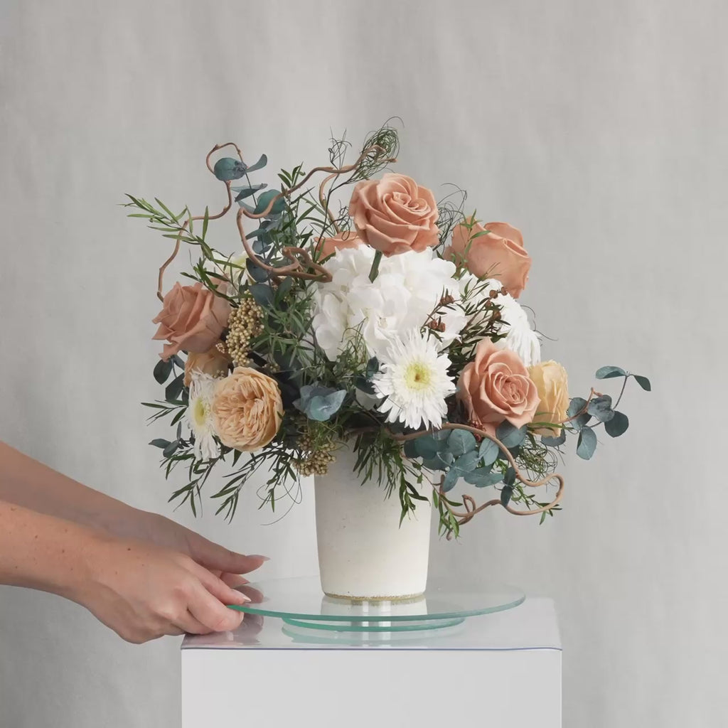 PRESERVED WHITE AND TOFFEE MIXED FLOWER ARRANGEMENT IN CERAMIC VASE
